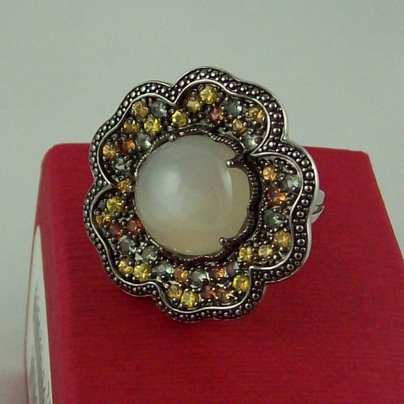 Sima K Moonstone and Sapphire Sterling Flower Ring - Picture 5 of 9